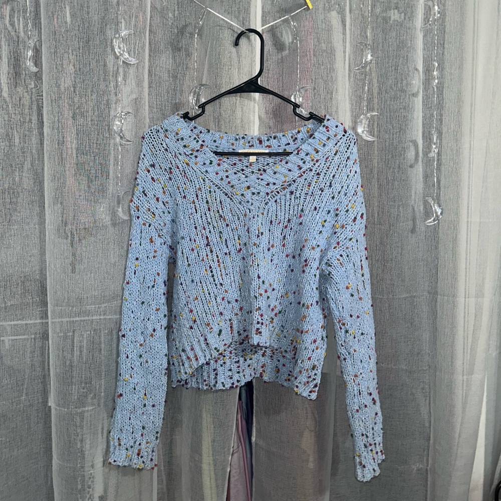 blue distressed confetti sweater *small*